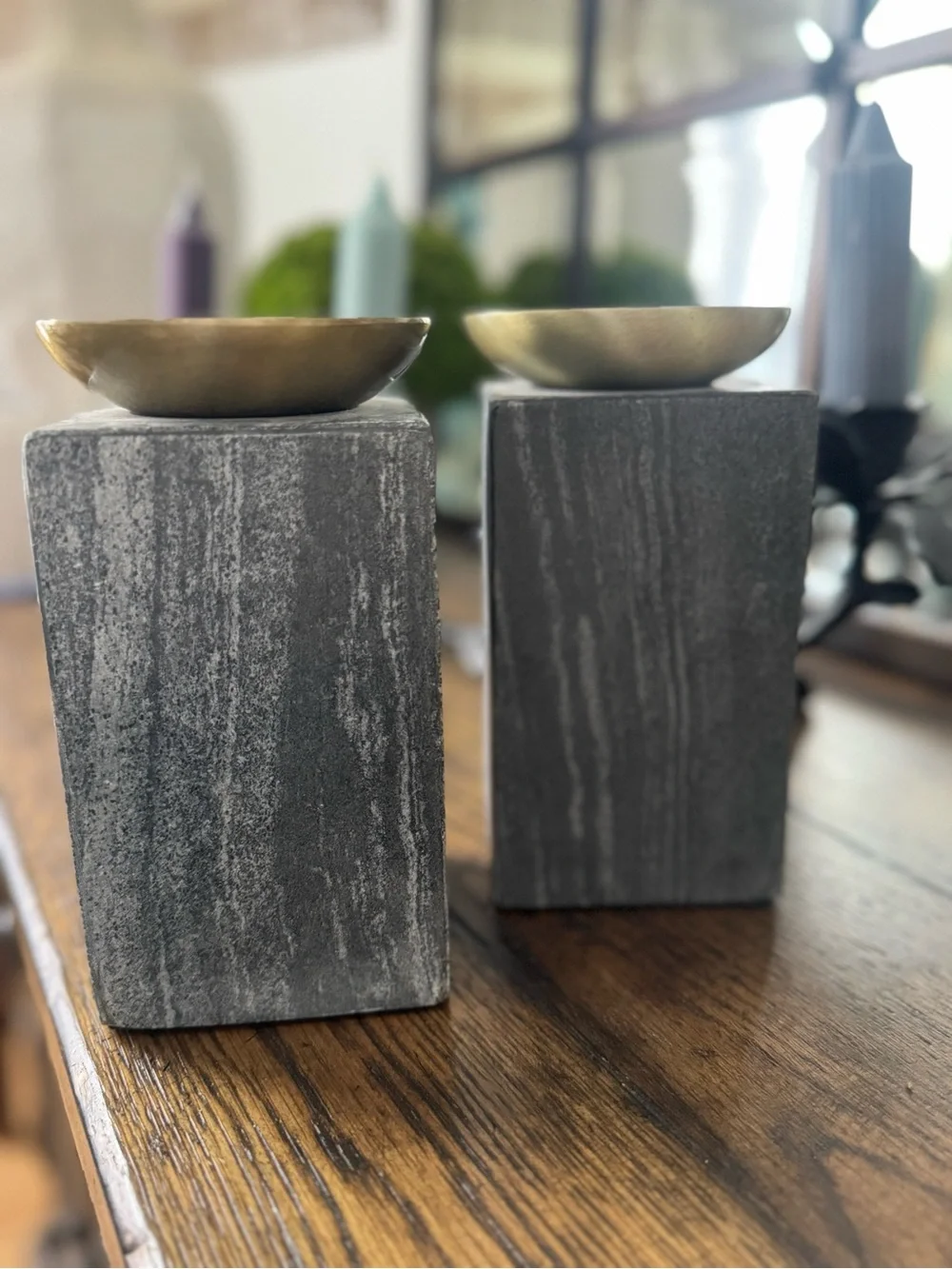 Crate &Barrel ~ 1/ Sain Marble Pillar Candle Holder 7”